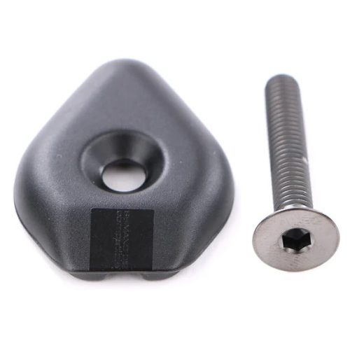 Topcap PRO 1 1/8 Aluminium för Vibe styrstam, en svart triangulär metallplatta med ett hål i mitten, visas tillsammans med en silverfärgad insexskruv med platt huvud mot en vit bakgrund.