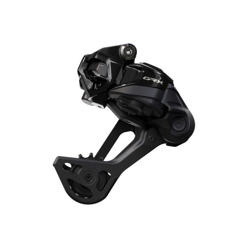 Bakväxel Shimano GRX RD-RX827 SGS Di2 1x12s visas i svart från sidan, med synliga jockeyhjul och varumärke, mot en vit bakgrund.