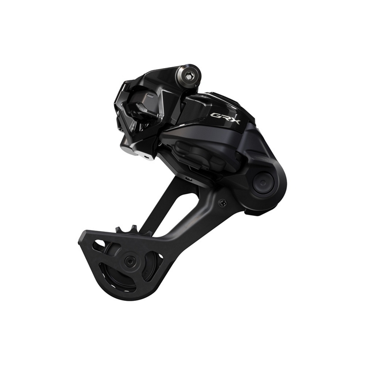 RD-RX827-SGS-shic219 Bakväxel Shimano GRX RD-RX827 SGS Di2 1x12s visas i svart från sidan, med synliga jockeyhjul och varumärke, mot en vit bakgrund.