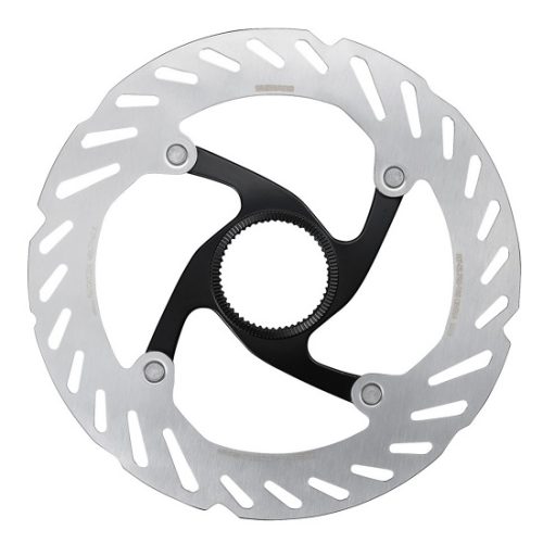 En närbild av Bromsskiva Shimano 105/Deore RT-CL700 skivbromsrotor, som visar flera hål och slitsar på den silverfärgade yttre ringen med en svart inre stödstruktur.