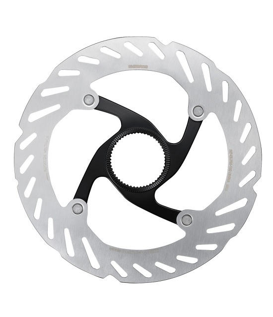 RT-CL700-160-shim En närbild av Bromsskiva Shimano 105/Deore RT-CL700 skivbromsrotor, som visar flera hål och slitsar på den silverfärgade yttre ringen med en svart inre stödstruktur.