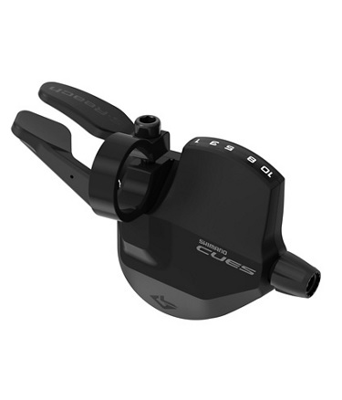 En svart Shimano CUES SL-U6050 växelspak med två spakar, optisk display som visar växlarna 1-10 och klämma för montering på styret.