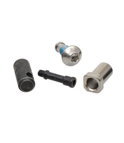 Shim-b-type-sl-m670 Fyra I-Spec B Shimano fästbult för SL-M980/M820/M780/M670 växlar visas på en vit bakgrund: två cylindriska delar (en med hål, en sexkantig), en Phillips-skruv och en liten svart bult.