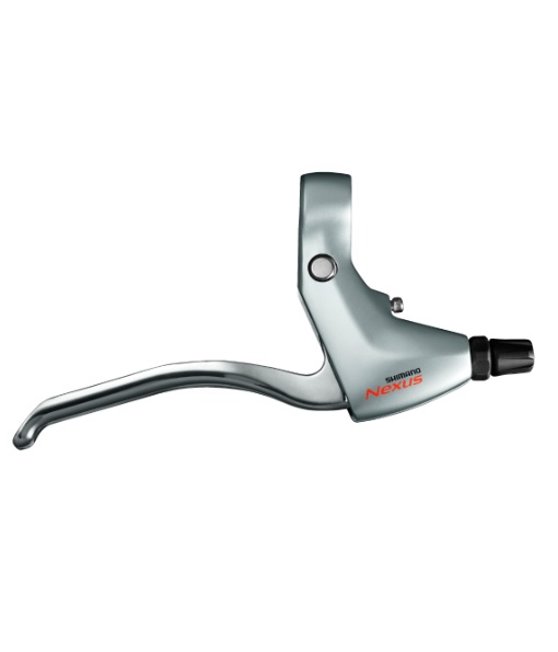 Shimano-BL-C6000-silver-Right En silverfärgad Shimano Nexus BL-C6000 bromshandtag, för höger eller vänster sida, med ett böjt handtag och rött varumärkesnamn på sidan, visas mot en vit bakgrund.