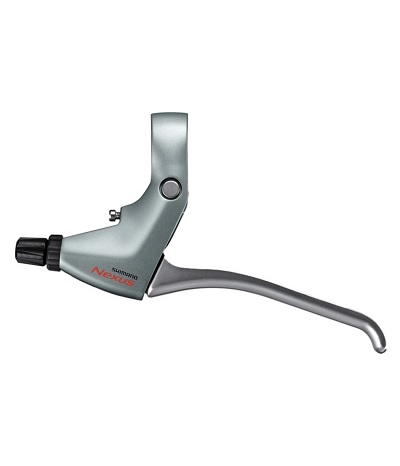 En silverfärgad Shimano Nexus BL-C6000 bromshandtag med svart inställningsratt och röd logotyp, mot en vit bakgrund. Lämplig för höger eller vänster sida.