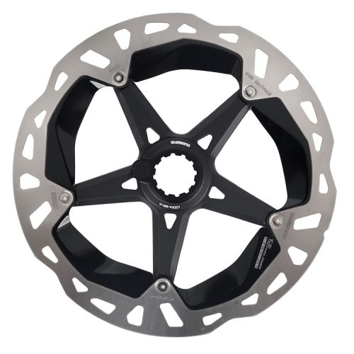 En närbild av Bromsskiva Shimano XTR/Dura Ace RT-MT900 CL skivbromsrotor visar dess silverkant, svarta ekrar, fem monteringspunkter och synliga varumärke. Bland funktionerna finns en låsring med magnet.