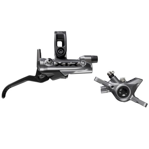 Shimano XTR M9200 Skivbromsset (fram/bak) med vänster bromshandtag och höger bromsok med fästpunkter, mot en vit bakgrund.