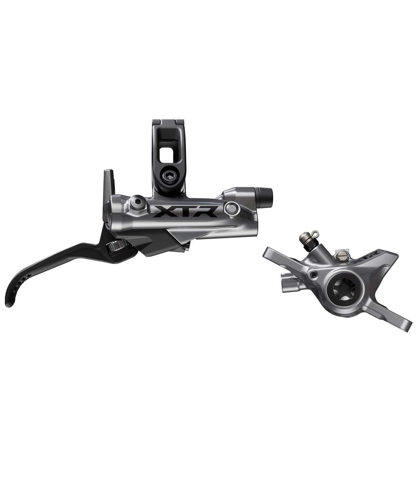 Shimano-XTR-IM92002-R Shimano XTR M9200 Skivbromsset (fram/bak) med vänster bromshandtag och höger bromsok med fästpunkter, mot en vit bakgrund.