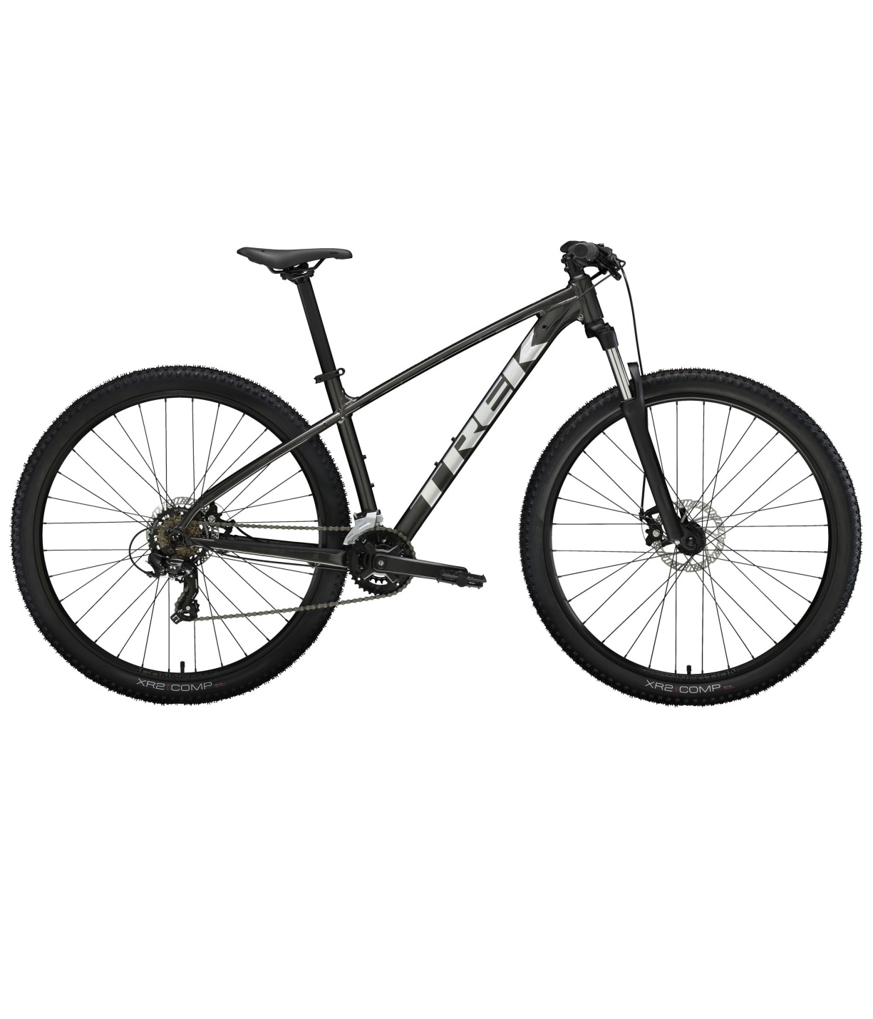 Trek-marlin-4-svart En svart Trek Marlin 4 Gen 2 MTB 27,5" med 2x7 växlar visas i sidovy, med skivbromsar, framfjädring, platt styre och "Trek"-logotypen på ramen mot en vit bakgrund.