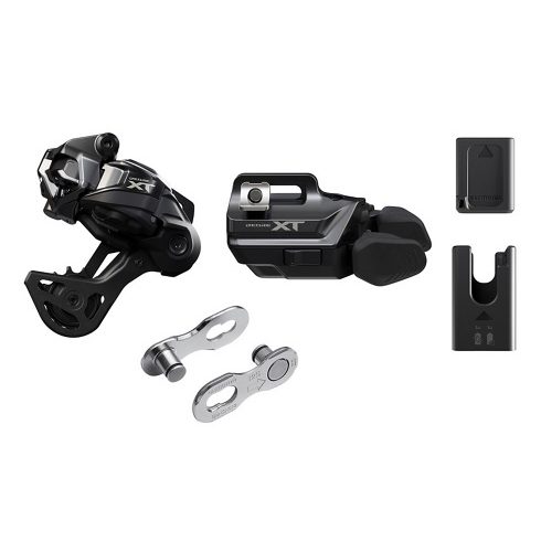 Uppgraderings-kit Shimano XT M8250 GS Di2 med växel, reglage, batteri och laddare, 12s visas på en vit bakgrund.