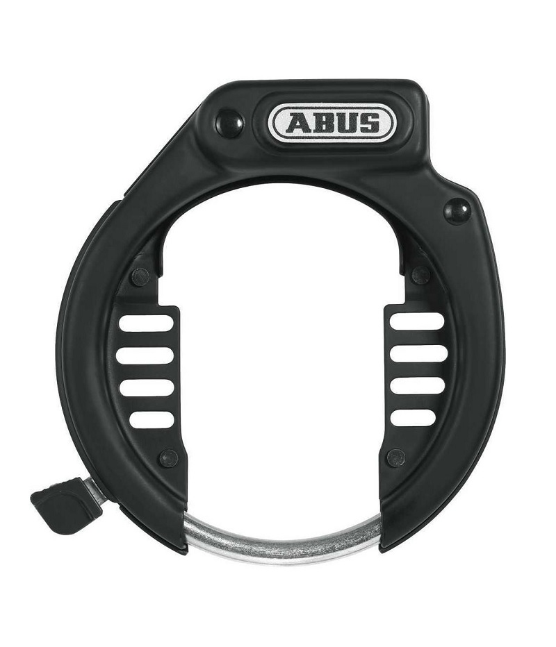 abus-amparo-485-nkr Ramlås Abus Amparo 485, SSF - ett svart ringlås med silverfärgad stång för cykelsäkerhet - visas mot en vit bakgrund.