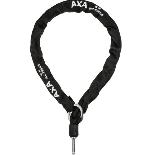 En svart AXA ULC Pro Plug-in låskedja, 8 mm tjock och 100 cm lång, med nyckel för säkert skydd.