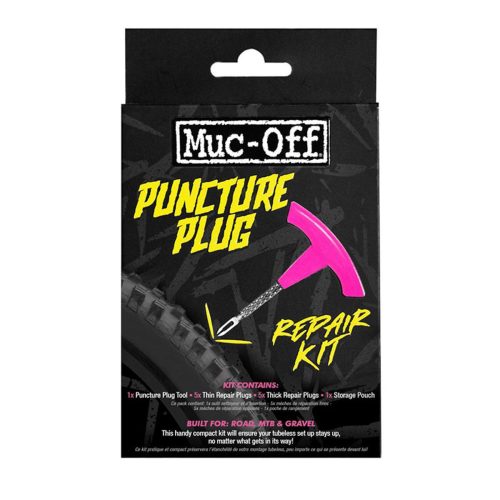 En svart och gul låda märkt "Punkaverktyg MUC-OFF B.A.M. Tubeless Repair Kit" med en illustration av ett pluggverktyg, däck och innehåll nedan. Kompatibel med landsvägs-, MTB- och gruscyklar - perfekt med MUC-OFF B.A.M Precision Tubeless Repair Capsule.