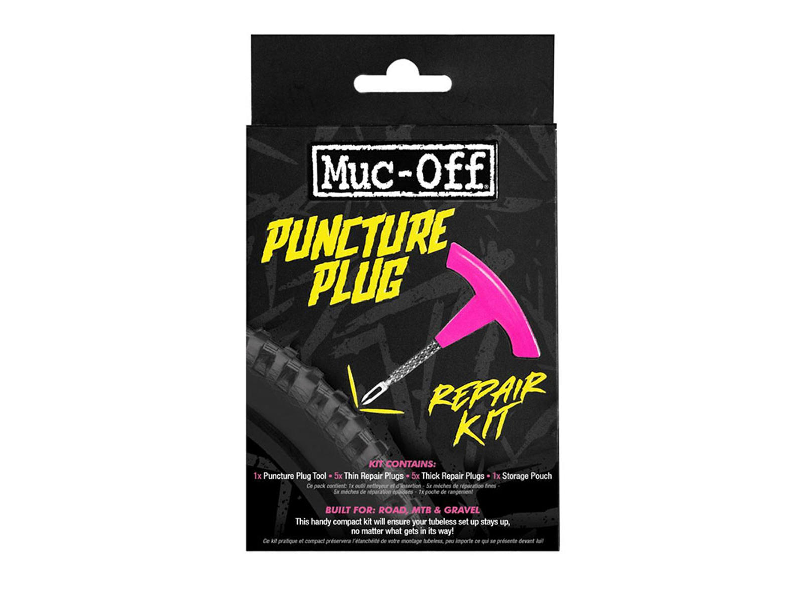 20131 En svart och gul låda märkt "Punkaverktyg MUC-OFF B.A.M. Tubeless Repair Kit" med en illustration av ett pluggverktyg