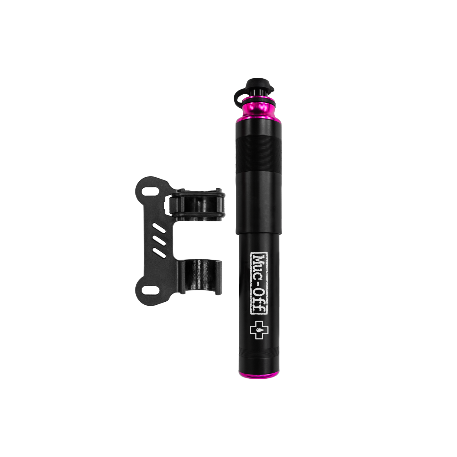 20981 (1) Minipumpen MUC-OFF AirMach 7,6 bar/110 psi Black/pink visas med sitt monteringsfäste och sina clips på en vit bakgrund.