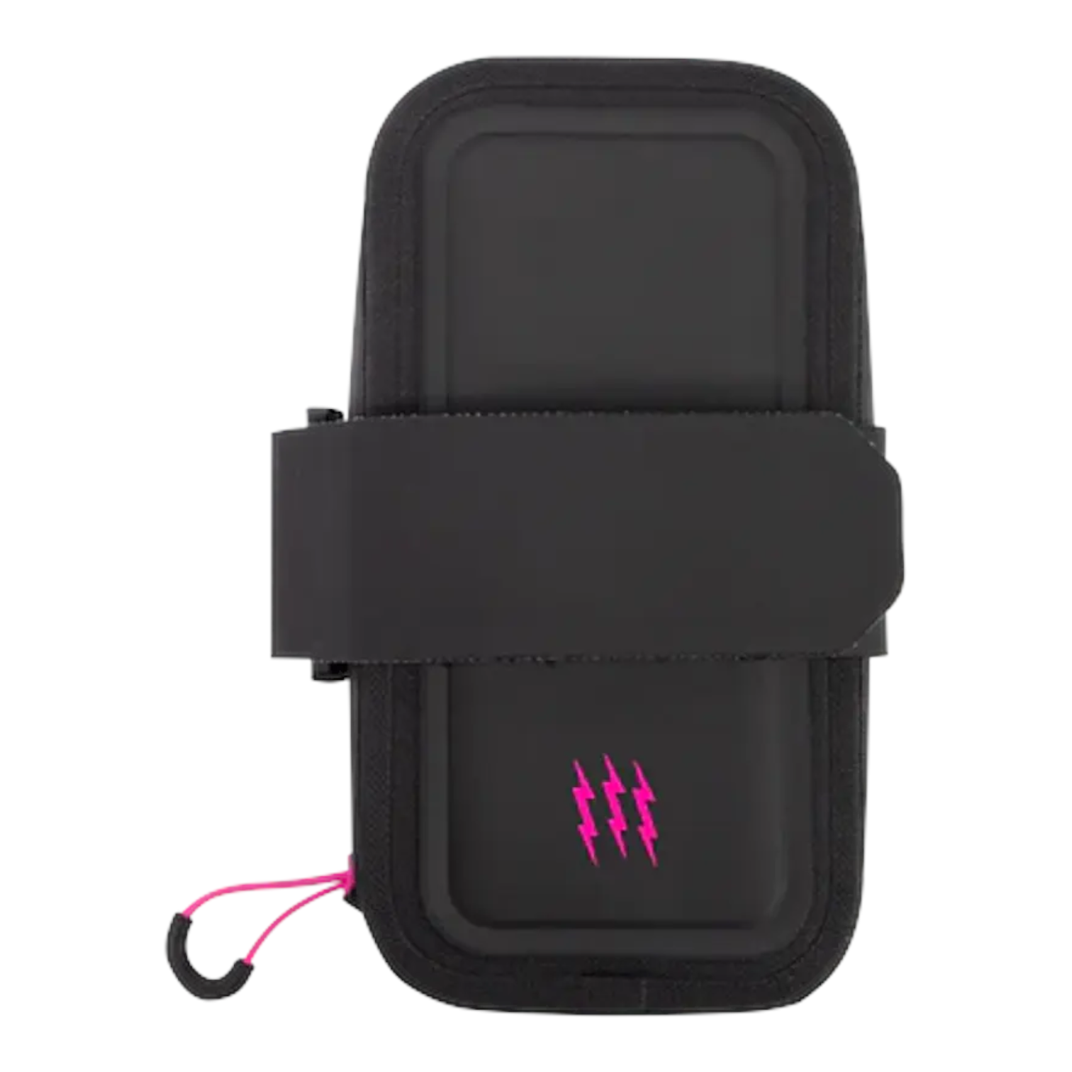 21044 En svart armbandstelefonhållare med en frontklaff, rosa blixtar och en rosa sladd - utformad för att matcha Sadelväska MUC-OFF Saddle Bag Pack. Fotograferad på en vit bakgrund.