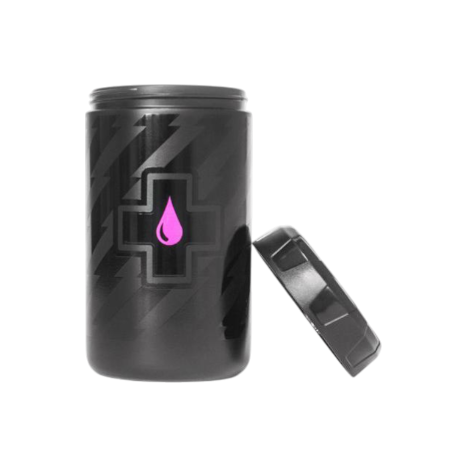 326 (1) En Verktygsflaska MUC-OFF Tool, 450 ml, i svart med ett matchande lock placerat bredvid. Flaskan har en korssymbol med en rosa droppe på framsidan mot en vit bakgrund.