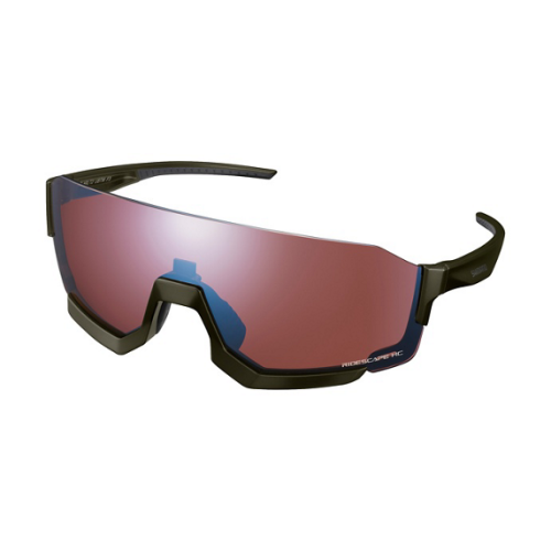 Shimano CE-ARLT2 Aerolite Ridescape sport-solglasögon har ett kontrastrikt, enkelsidigt rödrosa spegelglas med svart vinkelbåge, som ger extra skydd runt hela glaset.