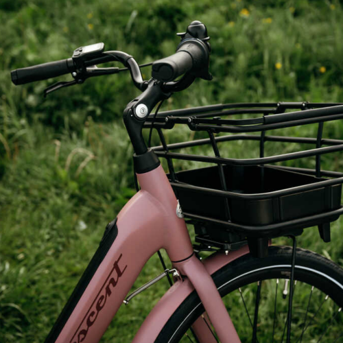 En närbild av en rosa cykel med en svart framkorg, mot en bakgrund av grönt gräs och lövverk. Cykelstyret och en del av framhjulet syns.