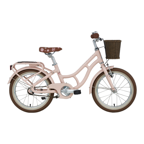 Monark Lill-Karin 16" Barncykel - Rosa är en rosa barncykel med bruna däck, pakethållare, blommönstrad brun sadel och en brun vävd korg på det främre styret, visad mot en vit bakgrund.