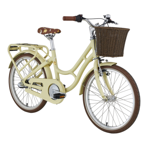 Monark Lill-Karin 20" 3-vxl Gul är en gul genomgångscykel med bruna däck, en mönstrad brun lädersadel, flätad korg fram, lasthållare bak och visas på en vit bakgrund.