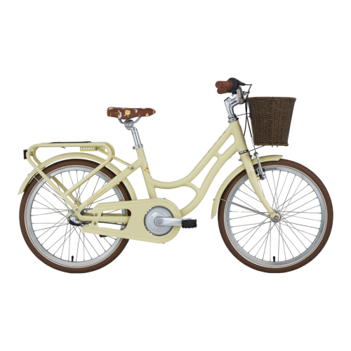 En gul Monark Lill-Karin 20" 3-växlad step-through cykel med bruna däck, brun sadel, pakethållare bak och flätad korg fram, fotograferad i profil mot en vit bakgrund.