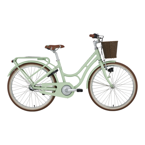 Monark Lill Karin 24" 3-vxl Mintgrön är en ljusgrön genomgångscykel med brun sadel och handtag, flätad korg fram, bruna däck, pakethållare bak och silverfärgade metalldelar. Visas på en enfärgad vit bakgrund.
