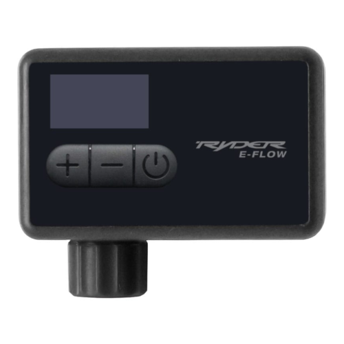 En svart rektangulär elektronisk apparat märkt "Elektrisk Pump Muc-off AirMach Electric Mini Inflator - Pro", liknande en kompakt Trek Air Rush, med en liten display, tre knappar (+, -, power) och en rund ratt eller kontakt längst ned.