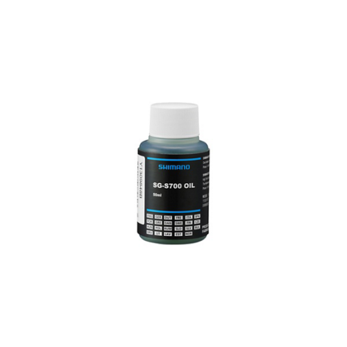 En 50 ml flaska Olja Shimano Alifine SG-S700 med vitt lock, svart etikett och blå accenter, avsedd för underhåll och smörjning av cyklar.