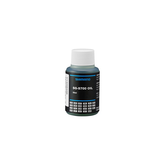 Y1309848B-SG-S700-OIL-50ML-FOR-EU-primary_1.jpg.thumb.572.572 En 50 ml flaska Olja Shimano Alifine SG-S700 med vitt lock, svart etikett och blå accenter, avsedd för underhåll och smörjning av cyklar.