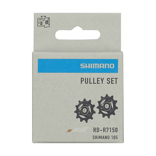 Paketfronten på Rulltrissor Shimano Ultegra RD-R7150, bakväxel - 12s visar två svarta remskivor och en blå Shimano-logotyp på grått, utformad som RD-R8150 Ultegra-serien, märkt "RD-R7150 SHIMANO 105".