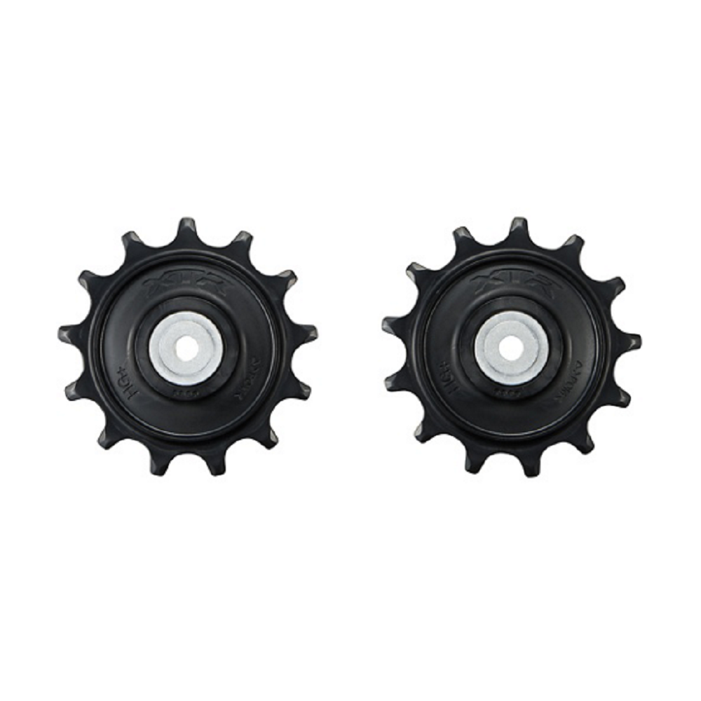 Y3K798120 Två svarta Rulltrissor Shimano RD-M9250 XTR jockeyhjul, vart och ett med tio tänder, visas sida vid sida mot en vit bakgrund.