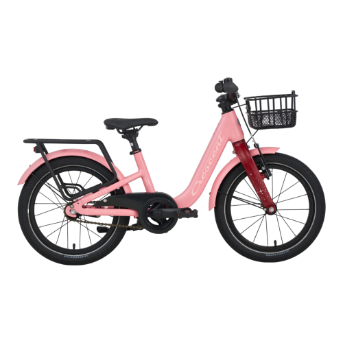 Crescent Embla 16" Barncykel 0-vxl är en rosa barncykel med genomgående ram, svart sadel, pakethållare bak, korg fram och skärmar på båda hjulen, mot en vit bakgrund.