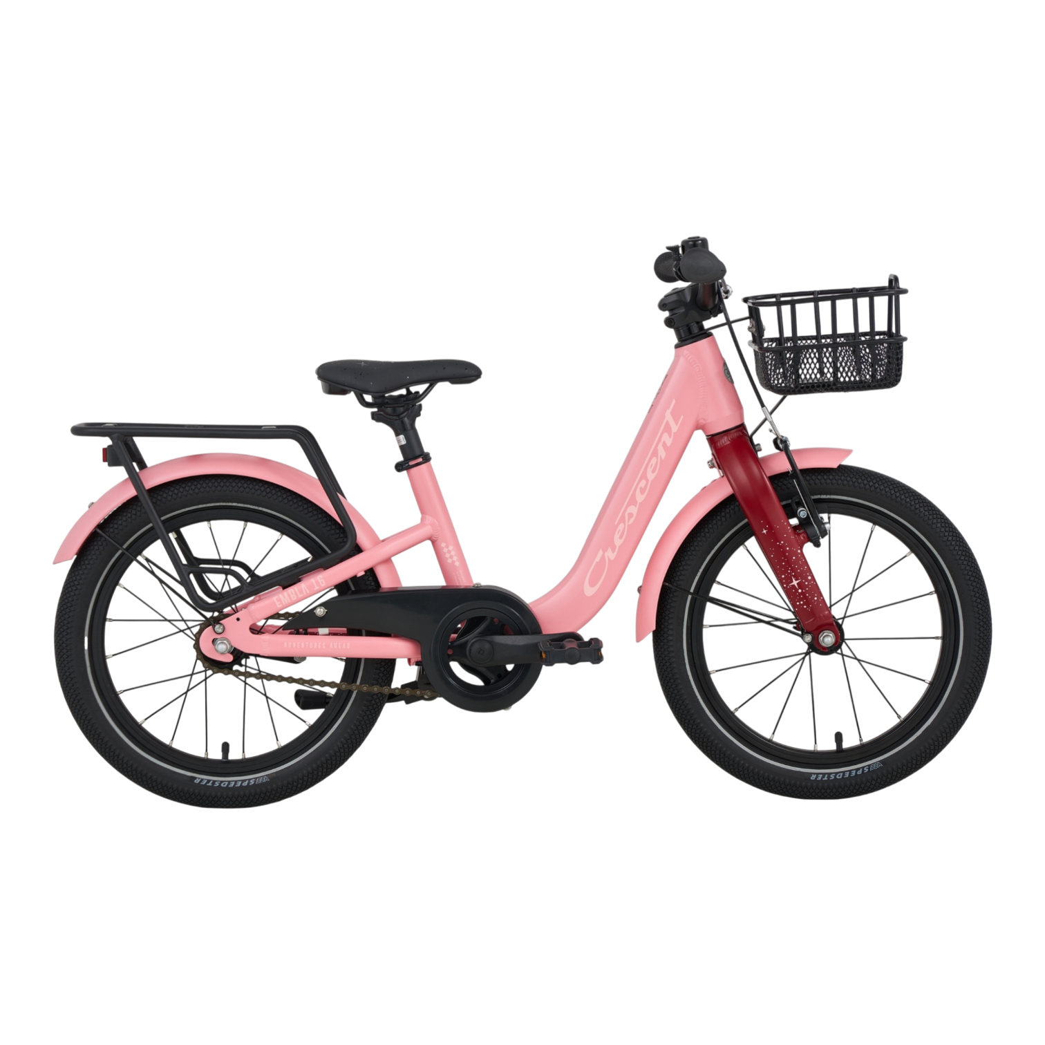 YTC430_011 Crescent Embla 16" Barncykel 0-vxl är en rosa barncykel med genomgående ram, svart sadel, pakethållare bak, korg fram och skärmar på båda hjulen, mot en vit bakgrund.