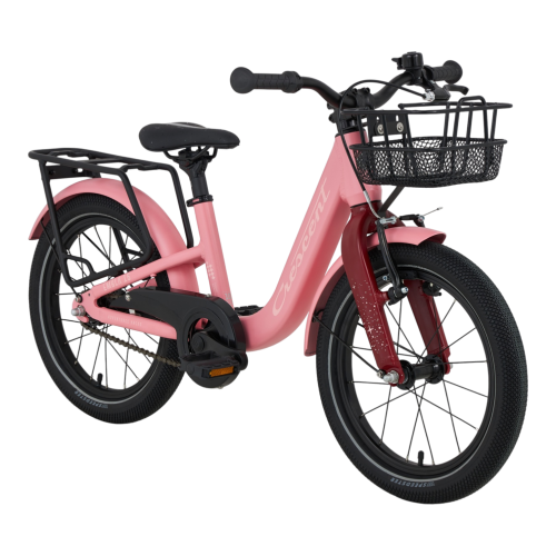 Crescent Embla 16" Barncykel 0-vxl är en rosa barncykel med svarta däck och sadel, fram- och bakskärmar, korg fram och pakethållare bak, avbildad mot en vit bakgrund.
