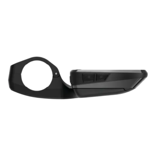 En svart Datorfäste Wahoo ROAM & BOLT v2 Aero - Out frontmontering, visad från sidan med en cirkulär vänster montering och en rektangulär höger kontrollpanel med knappar, mot en slät bakgrund.