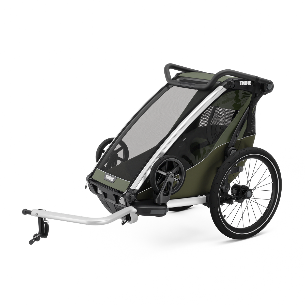 Thule Chariot Lite Cykelvagn - Enkel & Dubbel - Vintagegrön är en grön och svart barncykelvagn med nätöverdrag, stora bakhjul, små framhjul och dragkrok i metall, som visas på en vit bakgrund.
