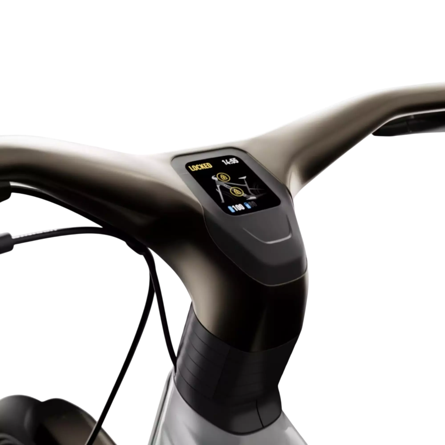 Närbild av ett cykelstyre med en integrerad digital display som visar ordet "LOCKED", en batterisymbol, tid och andra indikatorer. Styret har en elegant, modern design med minimalt med synliga reglage.