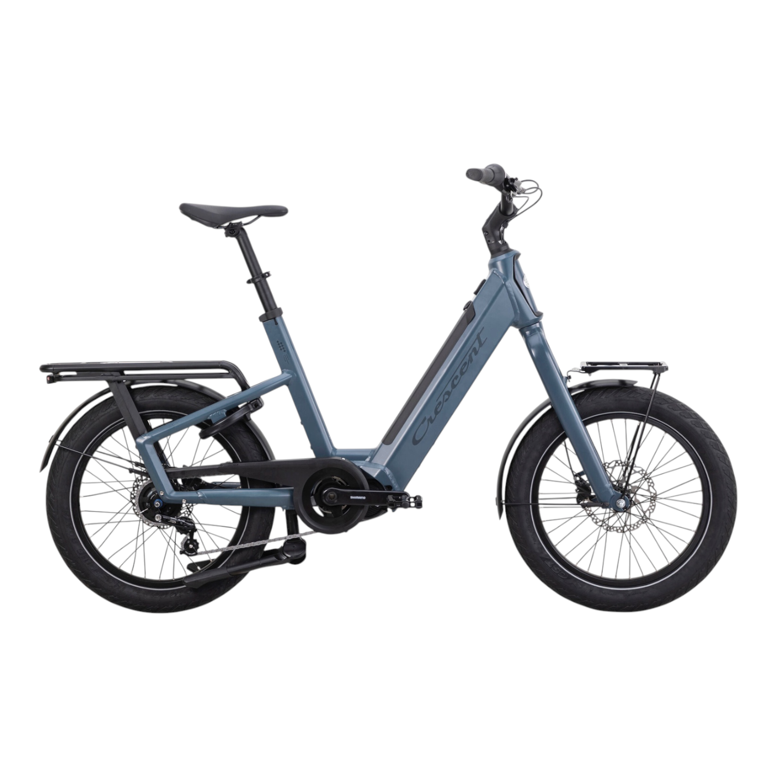 YTC585__31+crescent+elist+saphire+blue_37748_master En blå Crescent Elist EL 20" 5-växlad step-through elcykel med pakethållare, skärmar, skivbromsar och ett batteri i underröret, fotograferad från sidan mot en vit bakgrund.