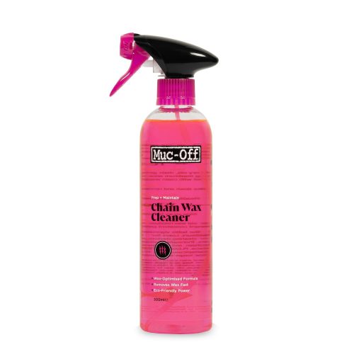 En rosa sprayflaska märkt "Muc-Off Chain Wax Cleaner" med ett svart munstycke, stående upprätt mot en vit bakgrund.