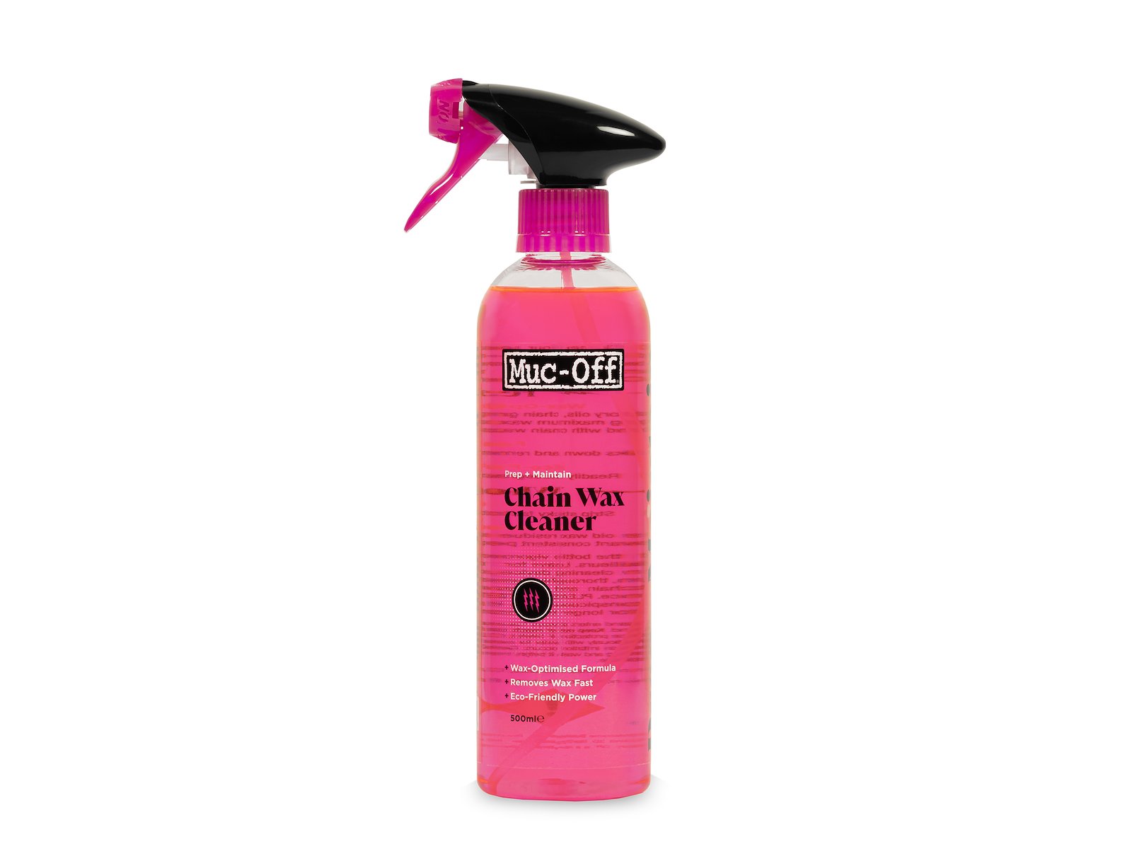 chain-wax-cleaner-white En rosa sprayflaska märkt "Muc-Off Chain Wax Cleaner" med ett svart munstycke, stående upprätt mot en vit bakgrund.