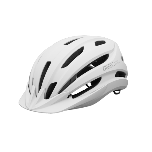 En vit cykelhjälm av märket Giro med flera ventilationshål, ett inbyggt visir och ett justerbart rem, fotograferad i trekvartsvy från sidan mot en enfärgad vit bakgrund.