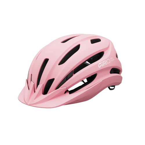 En Giro Register MIPS II-hjälm för ungdomar, 50–57 cm, i rosa med flera ventilationsöppningar, ett litet visir framtill och ”Giro”-logotypen på sidan.