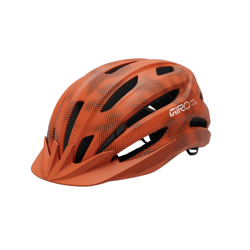 En orange Hjälm Giro Register MIPS II Youth (50–57 cm) med svarta ventilationsöppningar, ett litet visir och en Giro-logotyp på sidan.