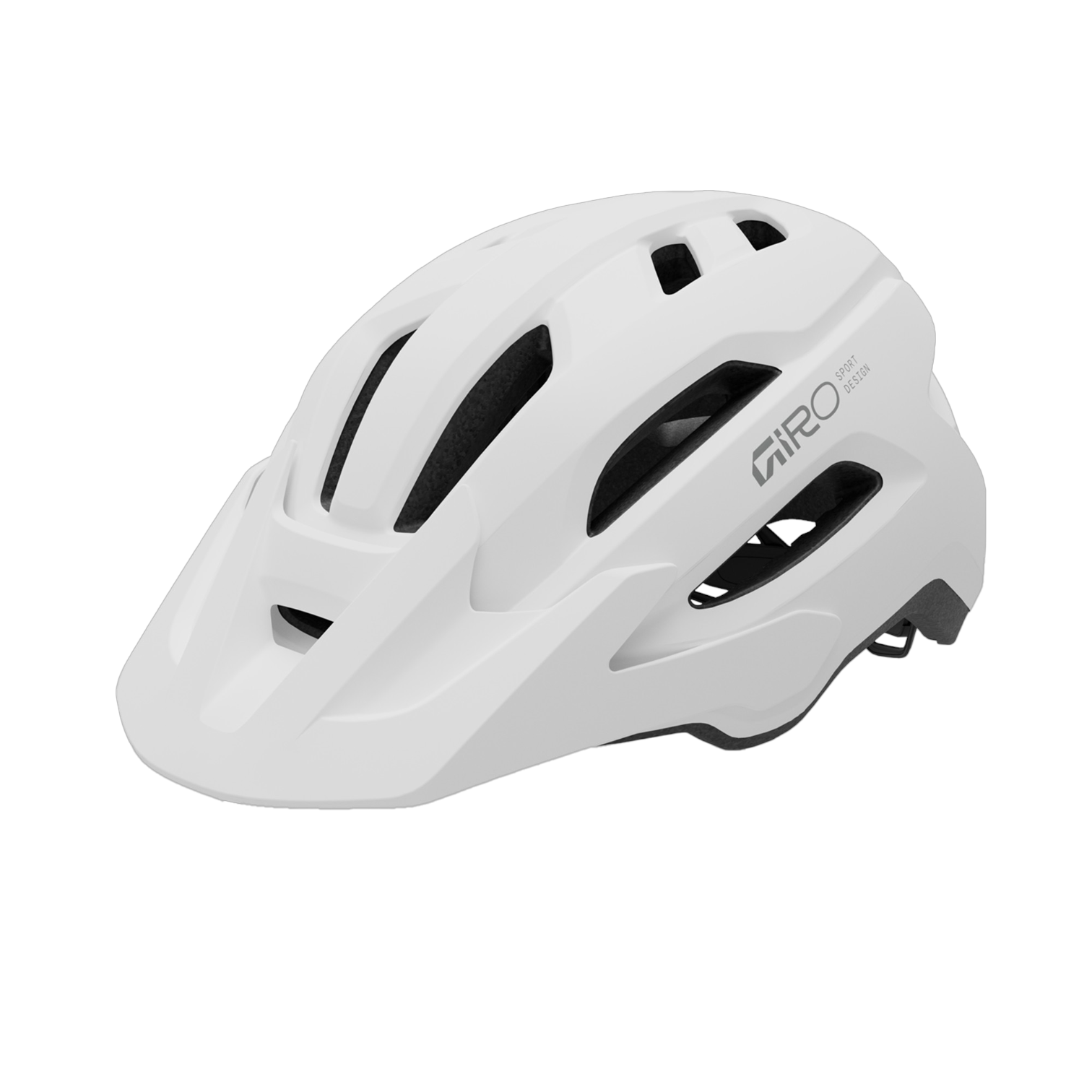 38931-060-Fixture-Mips-II-MT-WHT-GRY (1) Giro Fixture II MIPS 2026-hjälmen i vitt har flera ventilationsöppningar, ett visir framtill och ”Giro”-logotypen på sidan. Denna lätta hjälm är utformad för säkerhet och komfort och finns i flera färger.