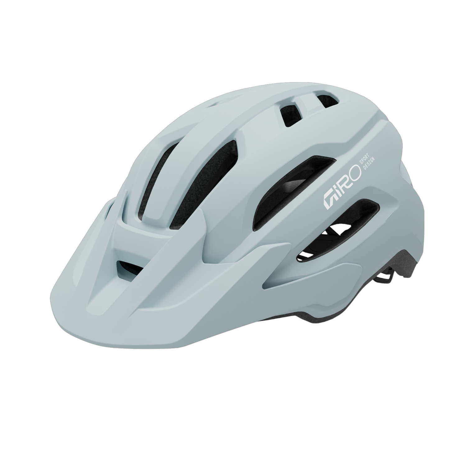 38933-D67-Fixture-Mips-II-UW-MT-SKY-BLU (1) En ljusgrå cykelhjälm av modellen Hjälm Giro Fixture II Dam MIPS (50–57 cm) med flera ventilationsöppningar, ett visir framtill och Giro-logotypen på sidan, avbildad mot en vit bakgrund.