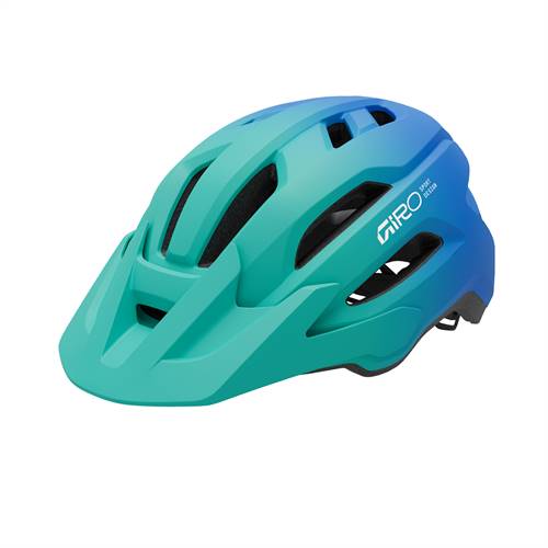 En turkos- och blå cykelhjälm från Giro med flera ventilationsöppningar och ett visir, fotograferad från sidan mot en vit bakgrund.