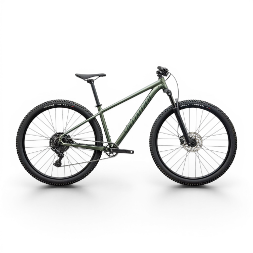 En grön mountainbike med framgaffel med fjädring