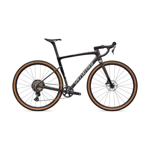 Gravelcykeln Specialized Crux 5 Sport är en matt svart gravelcykel med bruna däck