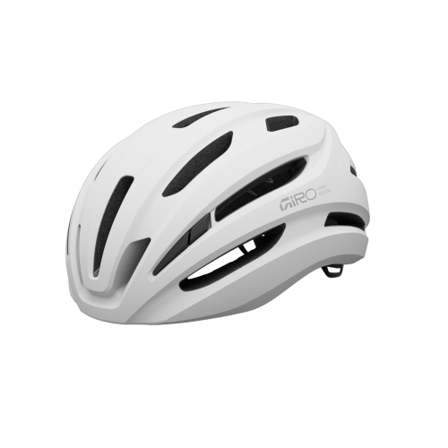En vit cykelhjälm av märket Hjälm Giro Isode MIPS II (54–61 cm), med flera ventilationsöppningar, en strömlinjeformad aerodynamisk form och svart innerfoder, fotograferad från sidan mot en vit bakgrund.